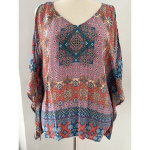Tolani‎ 100% Silk Cold Shoulder Blouse Boho Batwing Sleeve Tunic Top Moroccan M